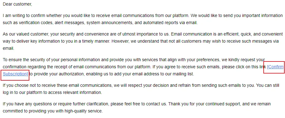 Alert Email Confirmation Interface