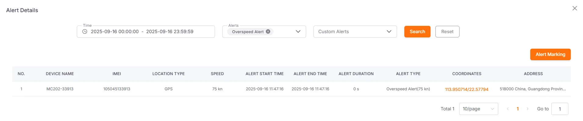 Alert Details View from Vehicle Summary Report