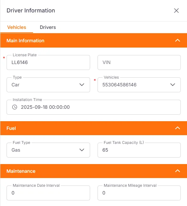 Vehicle Information Form - Main and Fuel Information