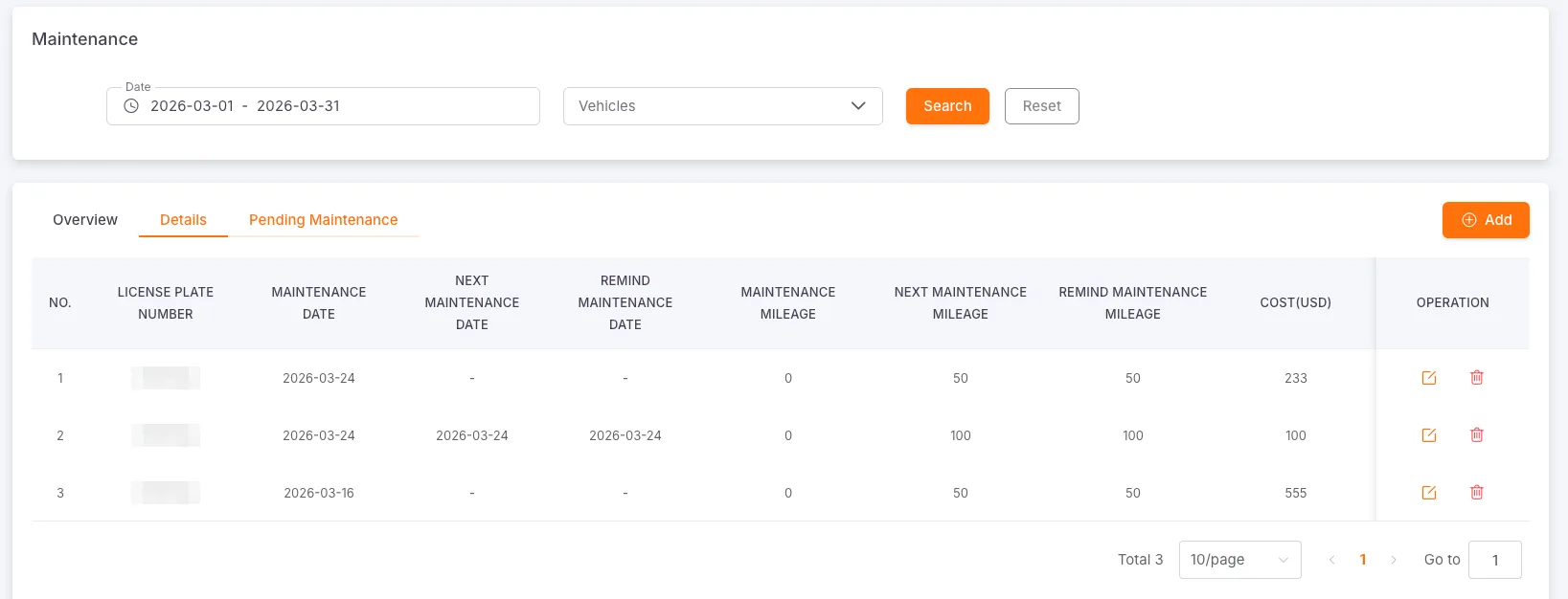 Maintenance Records Table