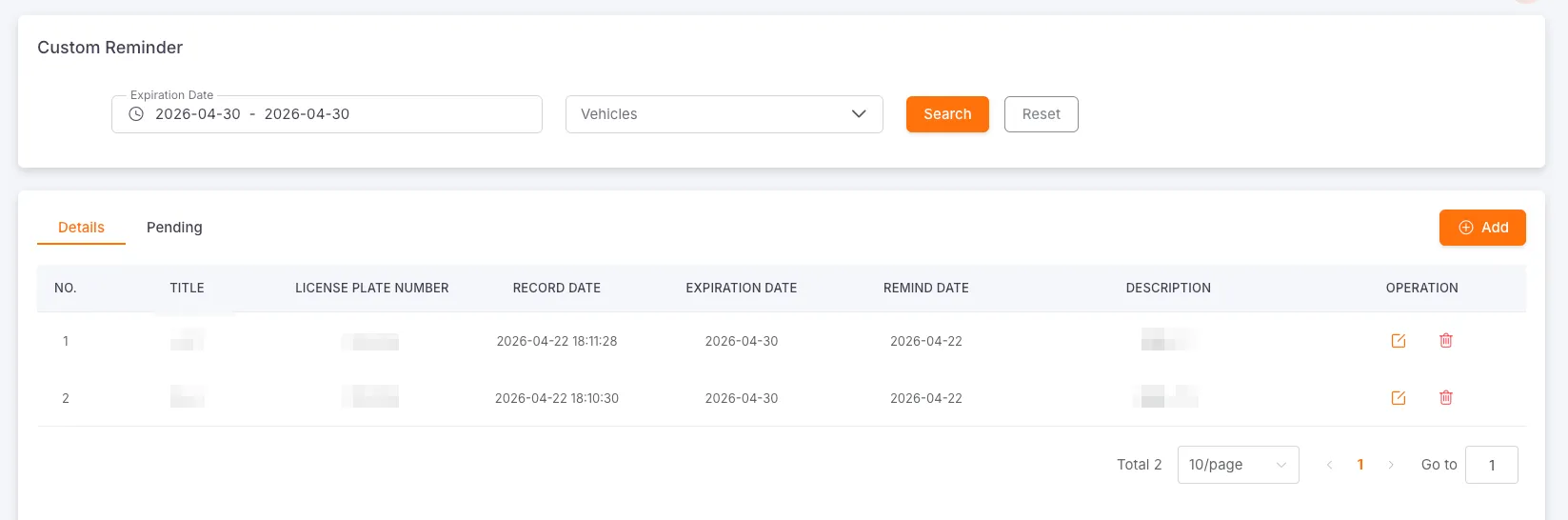 Custom Reminder Records Table