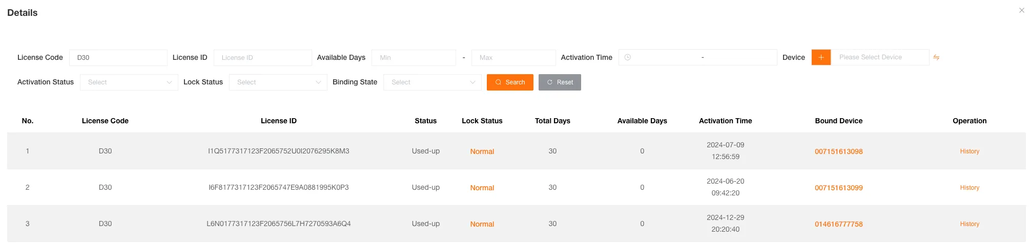 License Details Interface