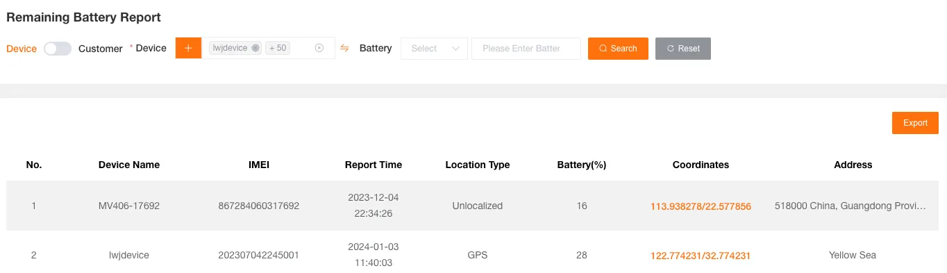 Remaining Battery Report Table