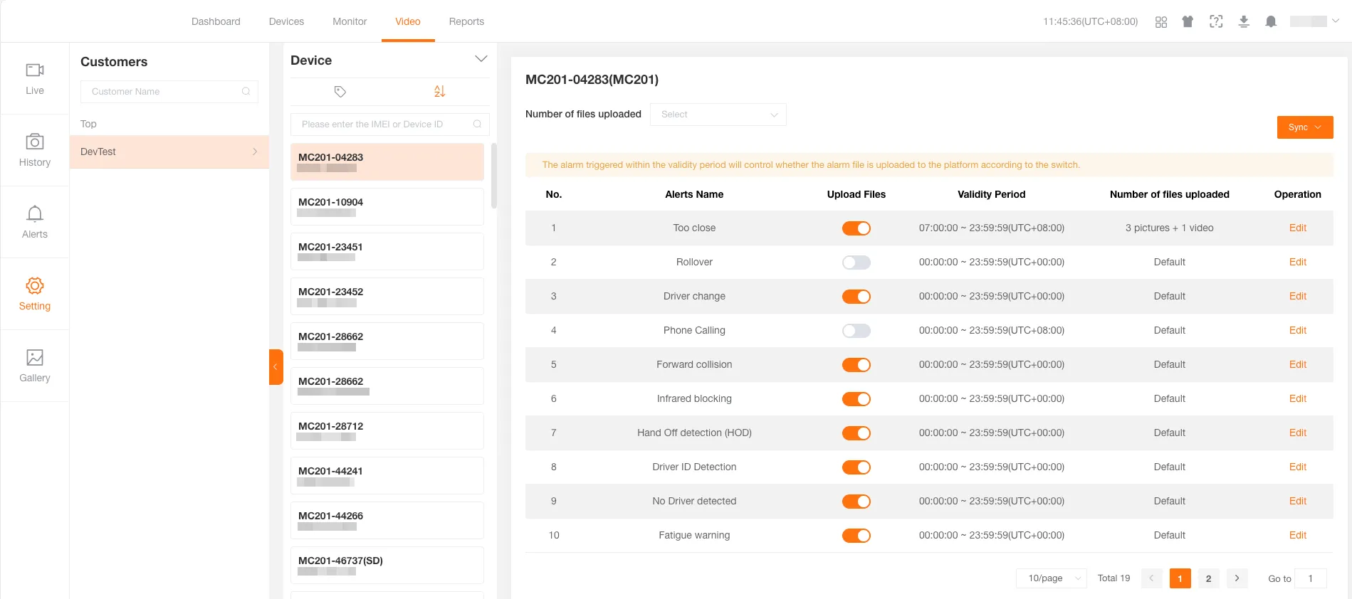 Video Alert Settings Interface